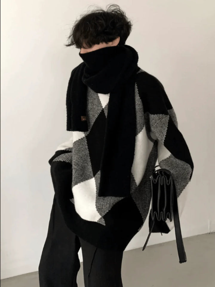 [AUTUMNWIND] BLACK AND WHITE HIGH-END DESIGN TURTLENECK SWEATER ST967