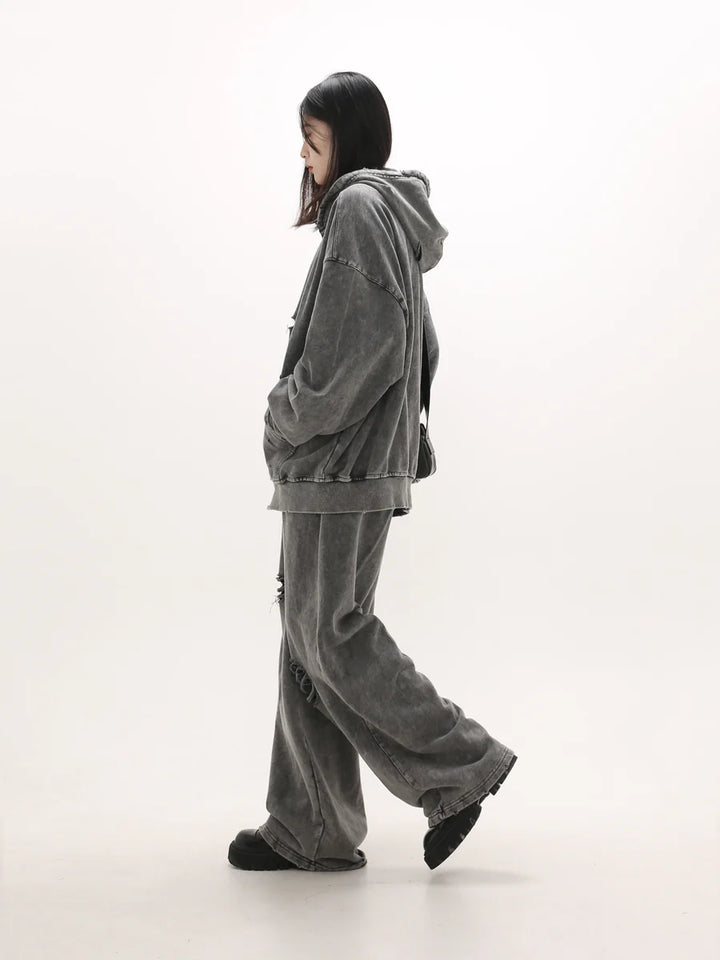 [GIBBYCNA] DAMAGE ZIPPER HOODIE & WIDE-LEG DAMAGE SWEATPANTS ST1057