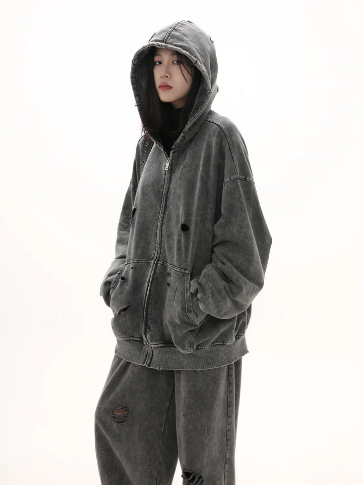 [GIBBYCNA] DAMAGE ZIPPER HOODIE & WIDE-LEG DAMAGE SWEATPANTS ST1057