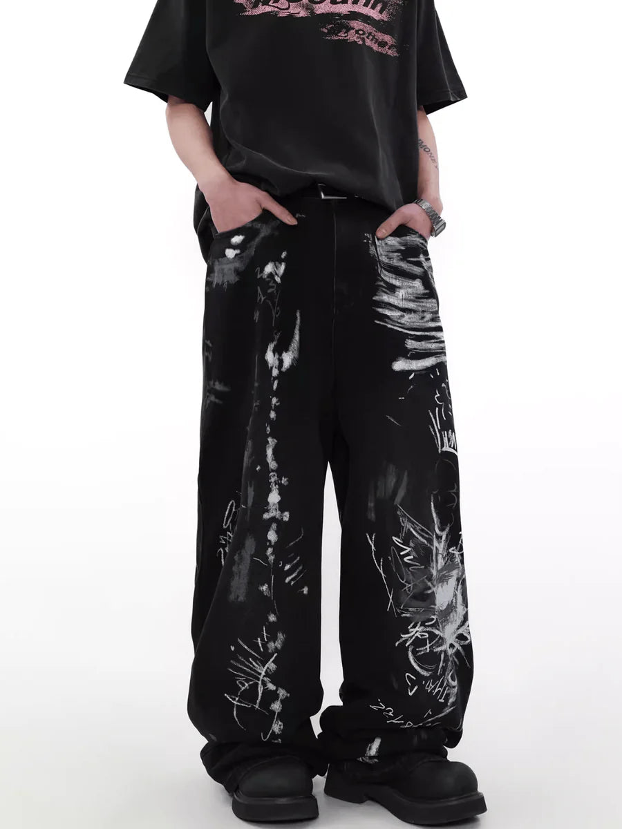 [MRNEARLY] GRAFFITI DESIGN WIDE-LEG LOOSE HIGH STREET PANTS ST1455