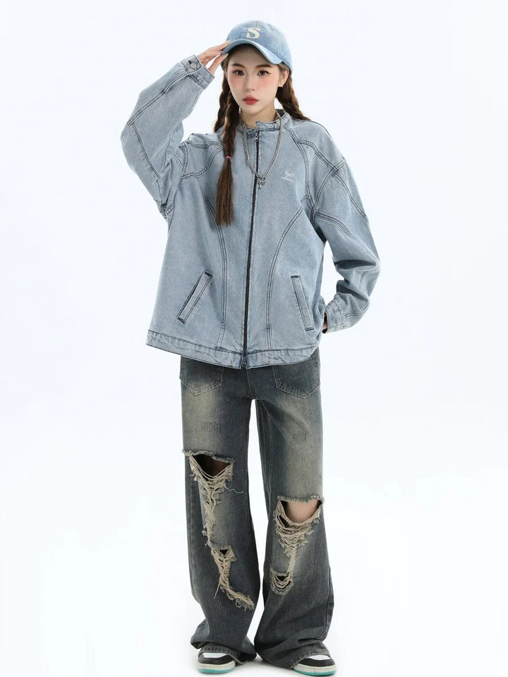 WASHED DENIM JACKET ZIPPER ST1064