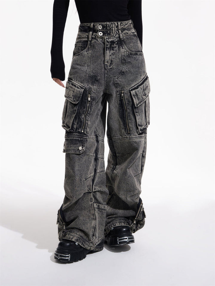 [PEOPLESTYLE] Multi-pocket wide leg casual jeans st2096