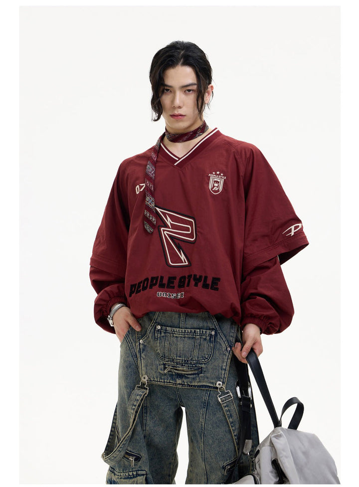 [PeopleStyle] Badge Embroidery Retro Sport V-Neck Sweatshirt st1788