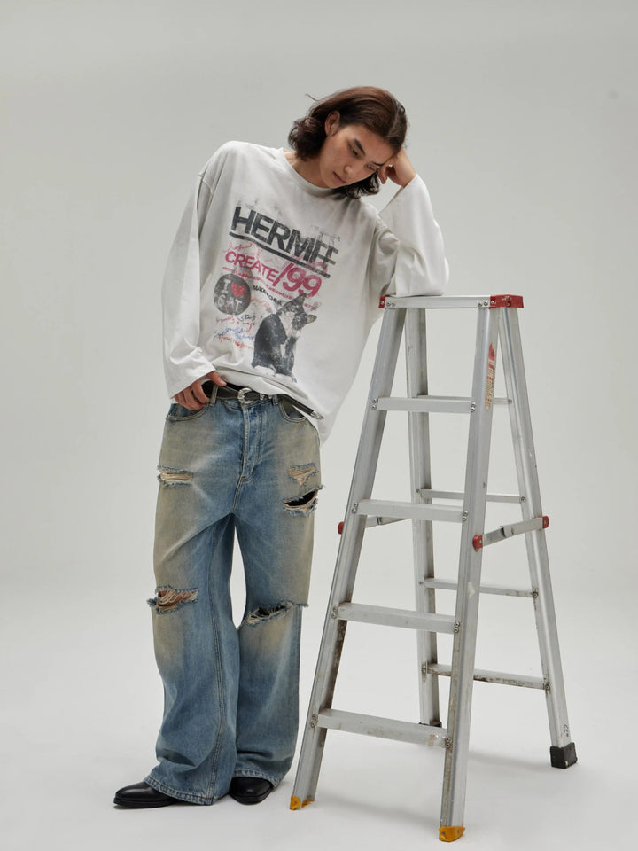 [Hermit] VINTAGE CAT PRINT LONG SLEEVE TEE ST2062