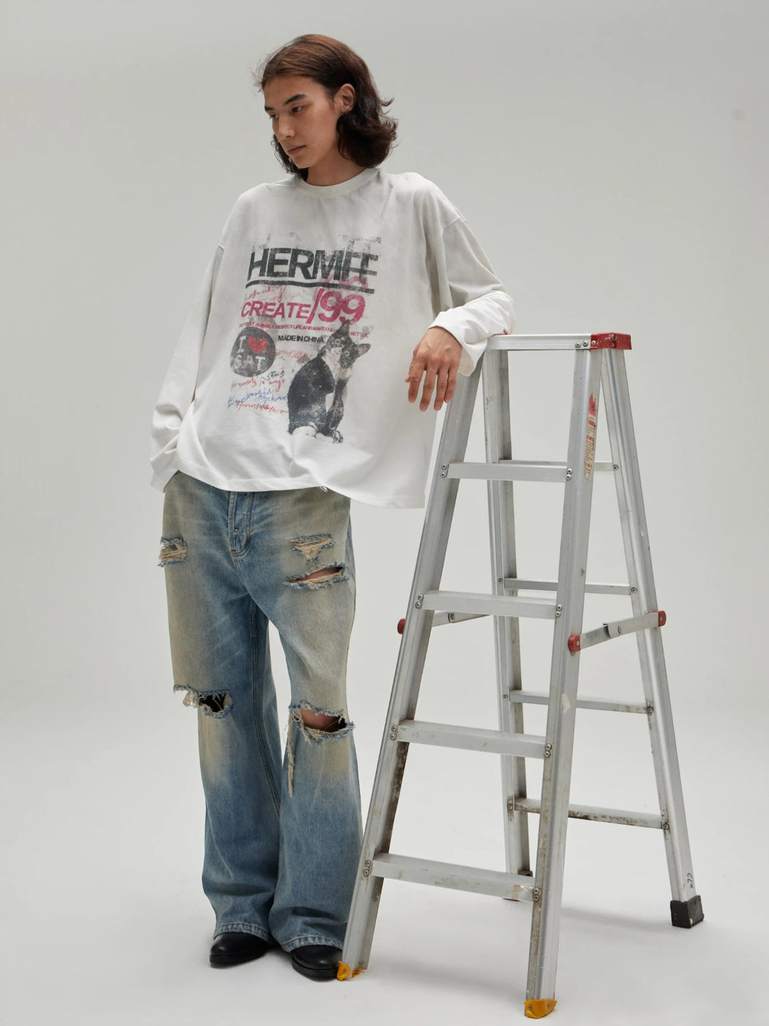 [Hermit] VINTAGE CAT PRINT LONG SLEEVE TEE ST2062