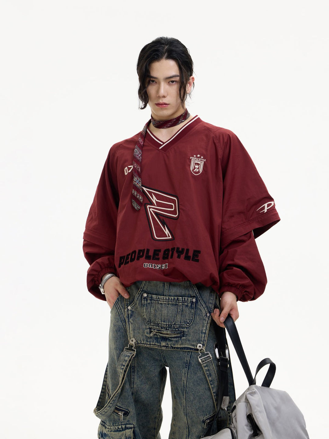 [PeopleStyle] Badge Embroidery Retro Sport V-Neck Sweatshirt st1788