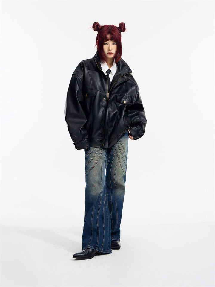 [PeopleStyle] Genderless wear silhouette fashionable leather jacket st1789