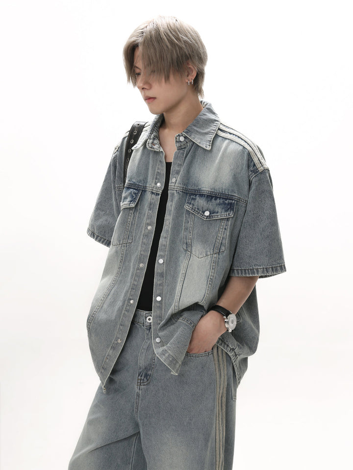 [GIBBYCNA] striped loose denim shirt + bottoms st2040