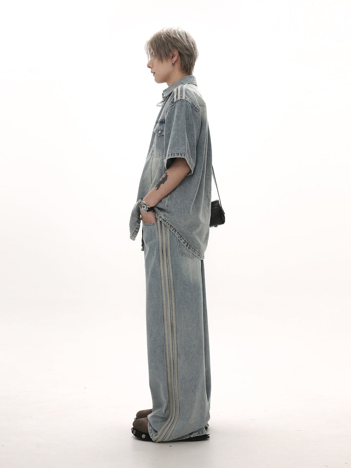 [GIBBYCNA] striped loose denim shirt + bottoms st2040