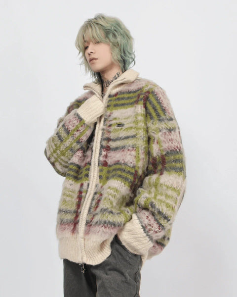 STRIPED ZIPPER CARDIGAN SWEATER KNIT ST1884