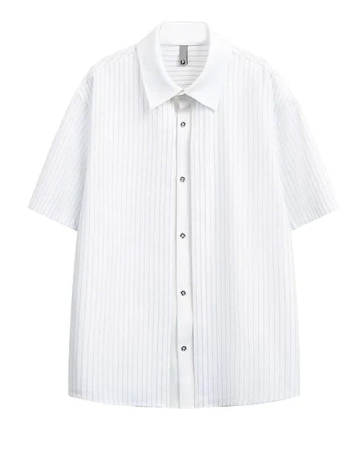 PINSTRIPE FAKE-LAYER PANELLED SHORT SLEEVE SHIRT MT561