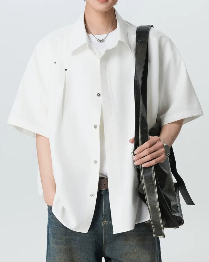 STUDDED RUCHED LOOSE COLLAR SHORT SLEEVE SHIRT MT555