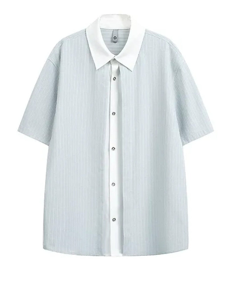 PINSTRIPE FAKE-LAYER PANELLED SHORT SLEEVE SHIRT MT561