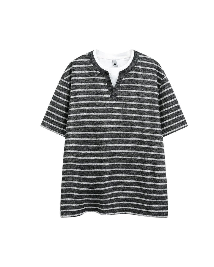 FAKE-LAYER STRIPED V-NECK RELAXED T-SHIRT MT564