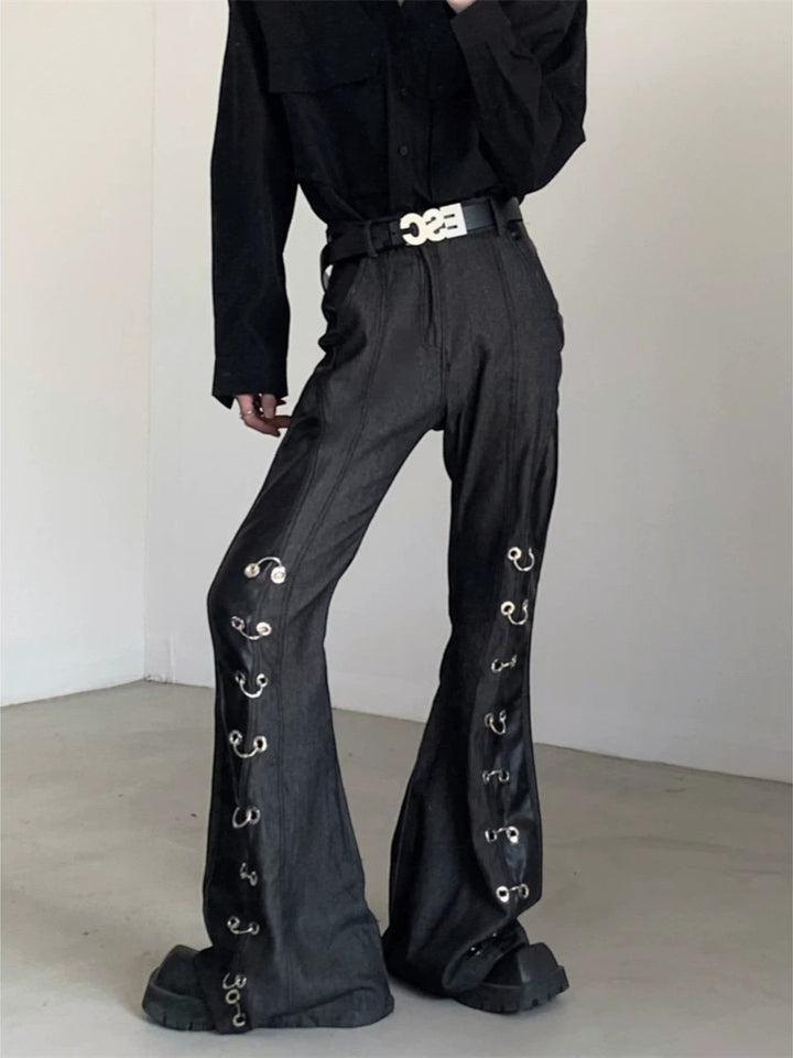 PANELLED FAUX LEATHER DRAPE FLARED TROUSERS ST5202