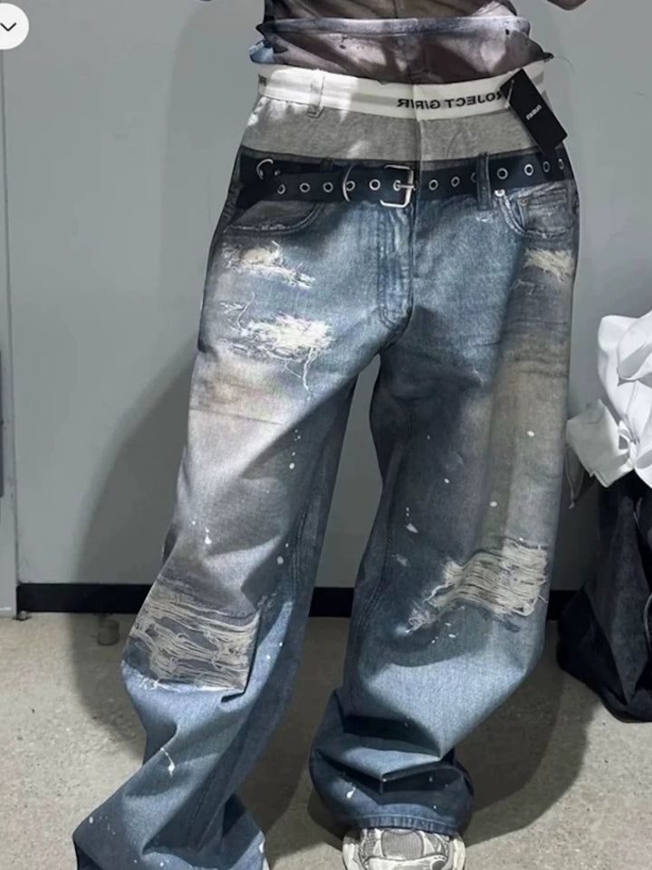 3D PRINT DISTRESSED STRAIGHT-LEG JEANS ST5182