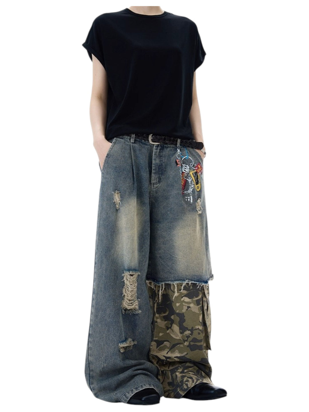 [MADWITCH] PATCHED CAMO DESTROYED JEANS st5033