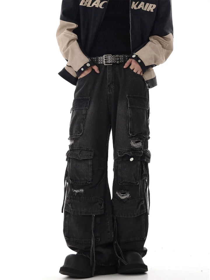 HEAVY-DUTY DISTRESSED MULTI-POCKET CARGO JEANS ST5215
