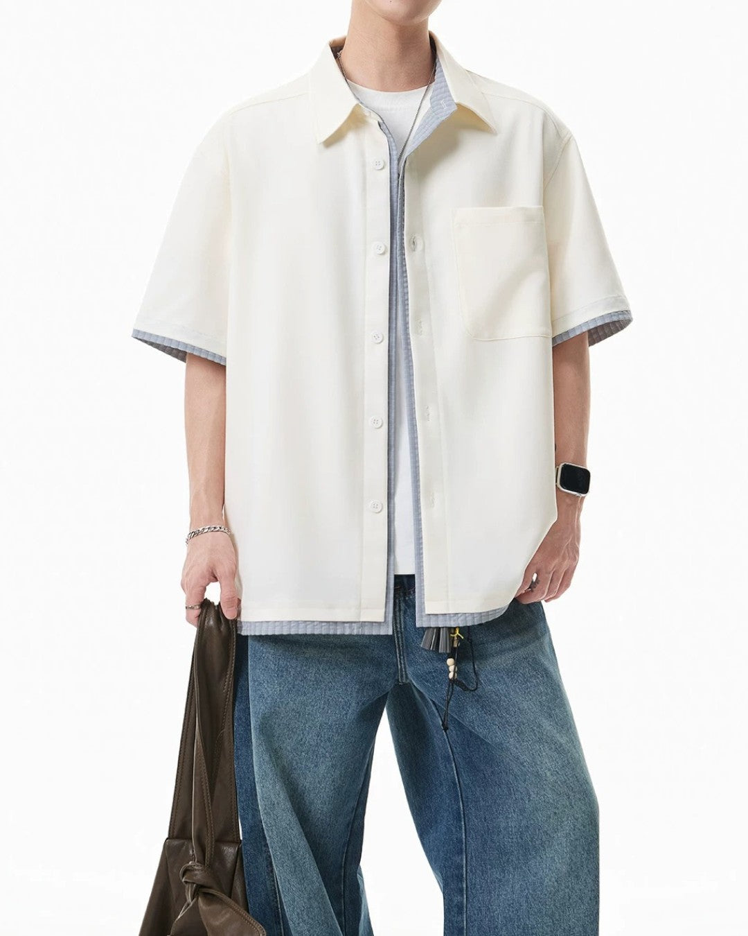FAKE-LAYER PLAID COLLAR SHORT SLEEVE SHIRT MT568