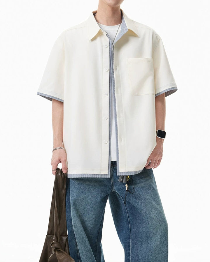 FAKE-LAYER PLAID COLLAR SHORT SLEEVE SHIRT MT568