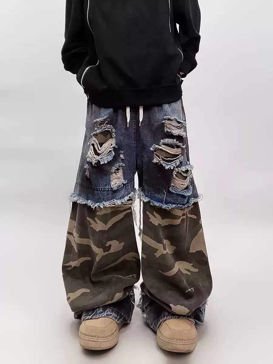 VINTAGE CAMO DISTRESSED WIDE-LEG JEANS ST5214