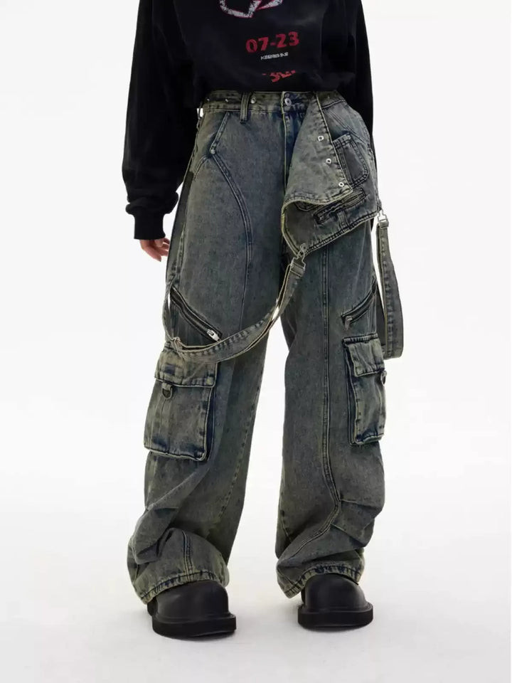 DETACHABLE STRAP VINTAGE WASH MULTI-POCKET CARGO JEANS ST5180