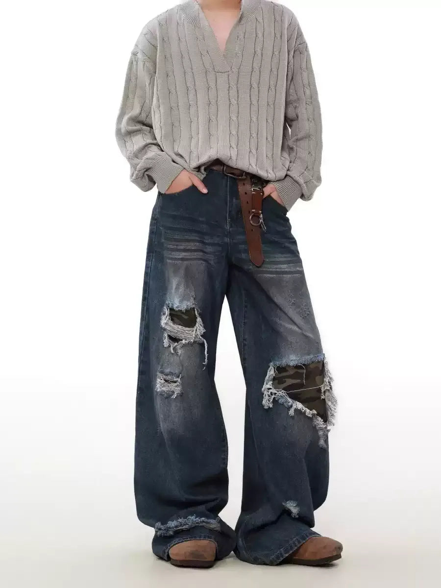VINTAGE LOOSE PATCHED DISTRESSED WIDE-LEG JEANS ST5217