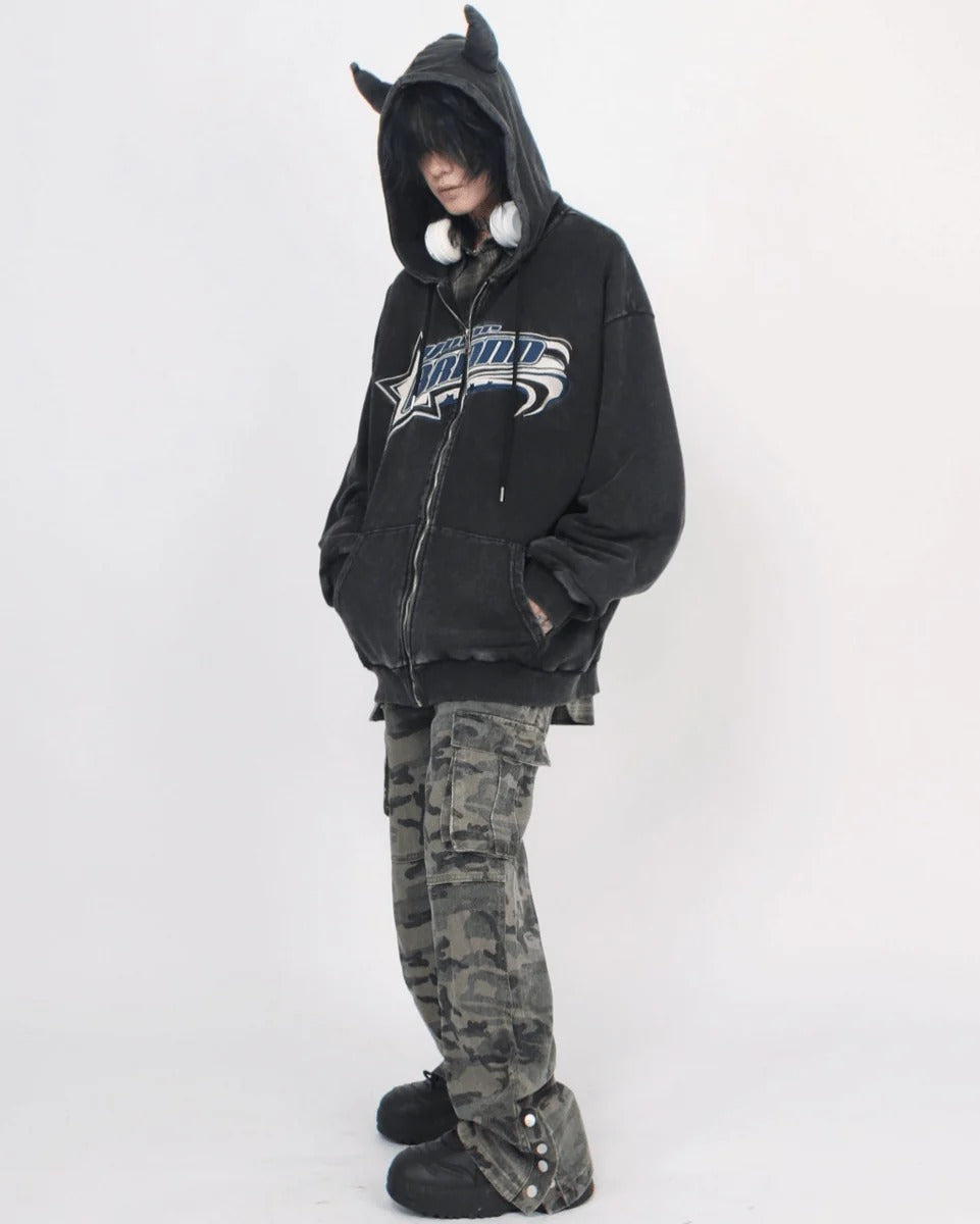[Mz] DEVIL-HORN WASHED HOODIE st1886