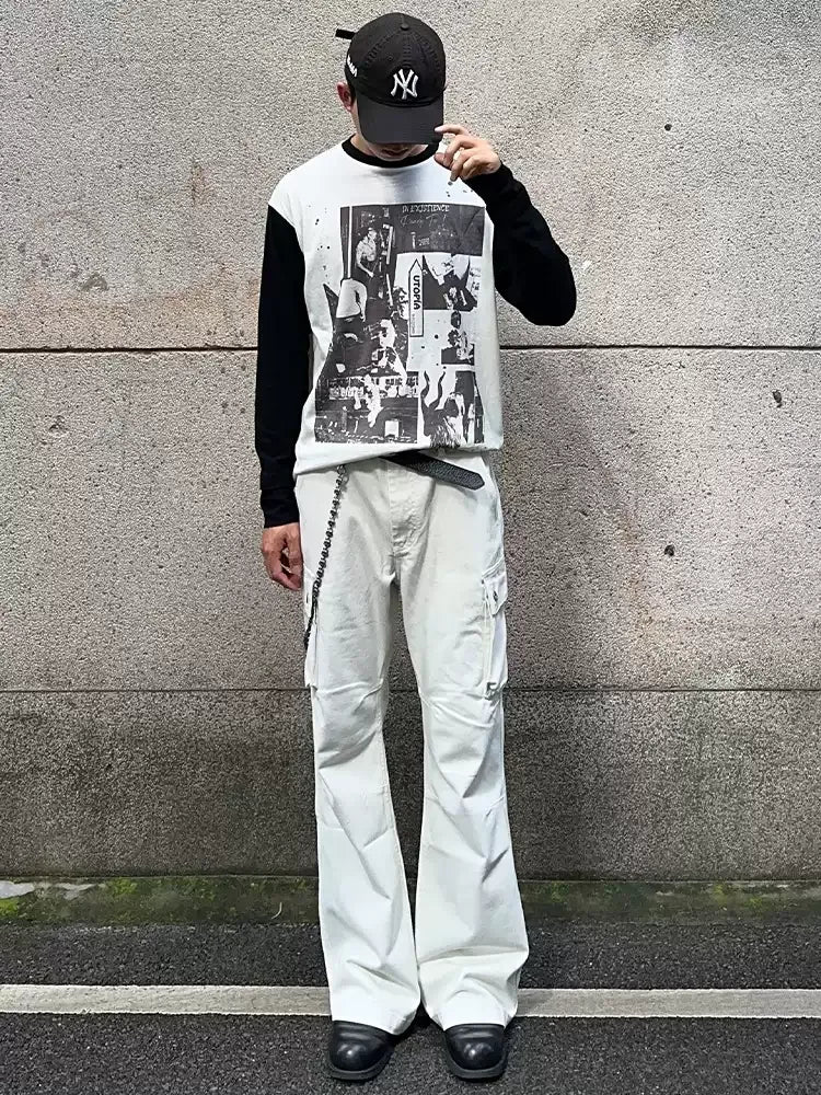 WASHED CARGO CURVED-LINE PANELLED PANTS ST5208