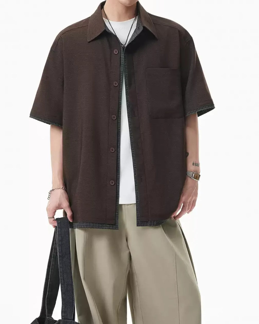 FAKE-LAYER PLAID COLLAR SHORT SLEEVE SHIRT MT568