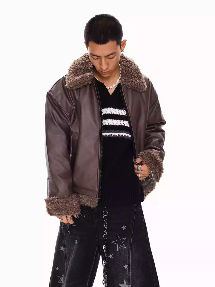 FAUX LEATHER SHEARLING-COLLAR JACKET ST5071
