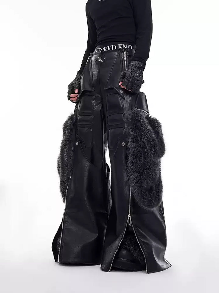DETACHABLE PANELLED FAUX FUR PU WIDE-LEG PANTS ST5161