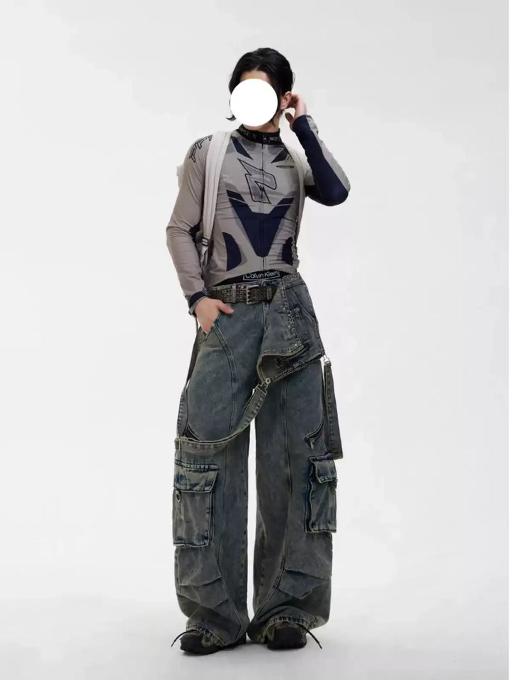 DETACHABLE STRAP VINTAGE WASH MULTI-POCKET CARGO JEANS ST5180