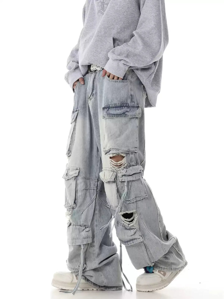 HEAVY-DUTY DISTRESSED MULTI-POCKET CARGO JEANS ST5215