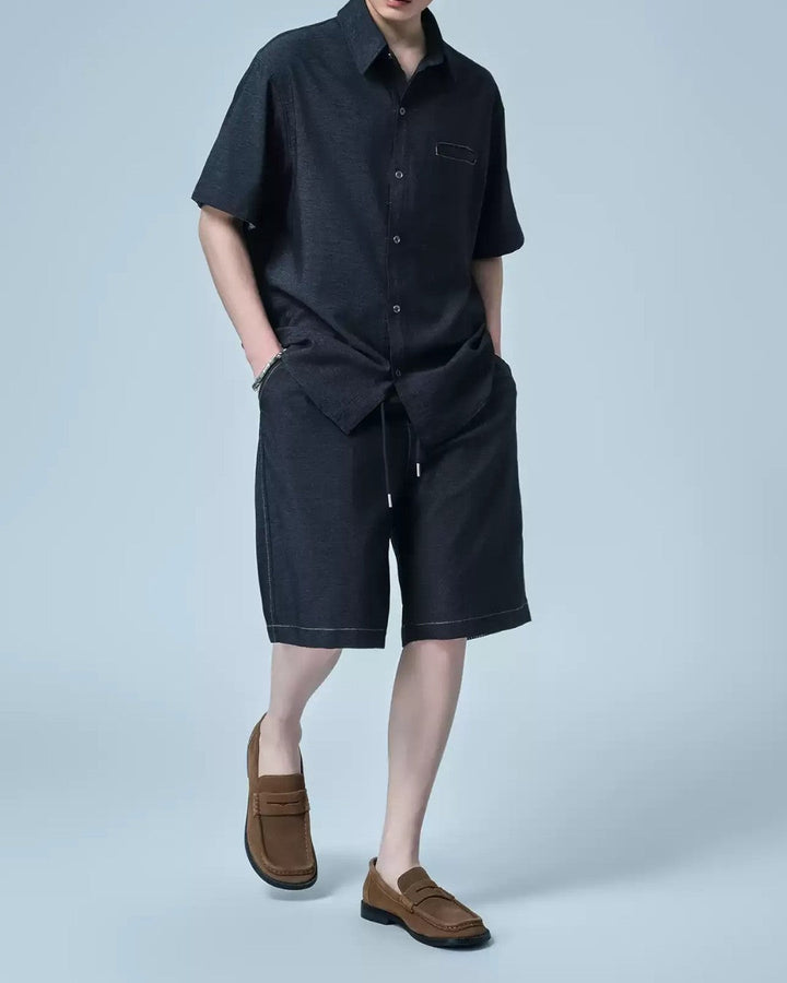 LIGHTWEIGHT COLLAR SHIRT AND SOFT DENIM SHORTS SET MT569