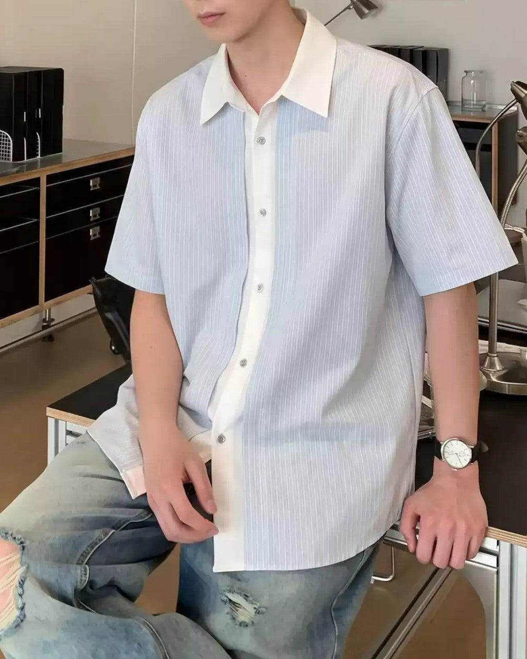 PINSTRIPE FAKE-LAYER PANELLED SHORT SLEEVE SHIRT MT561