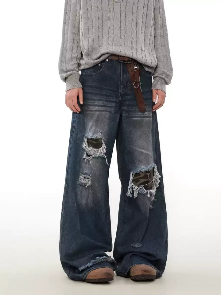 VINTAGE LOOSE PATCHED DISTRESSED WIDE-LEG JEANS ST5217