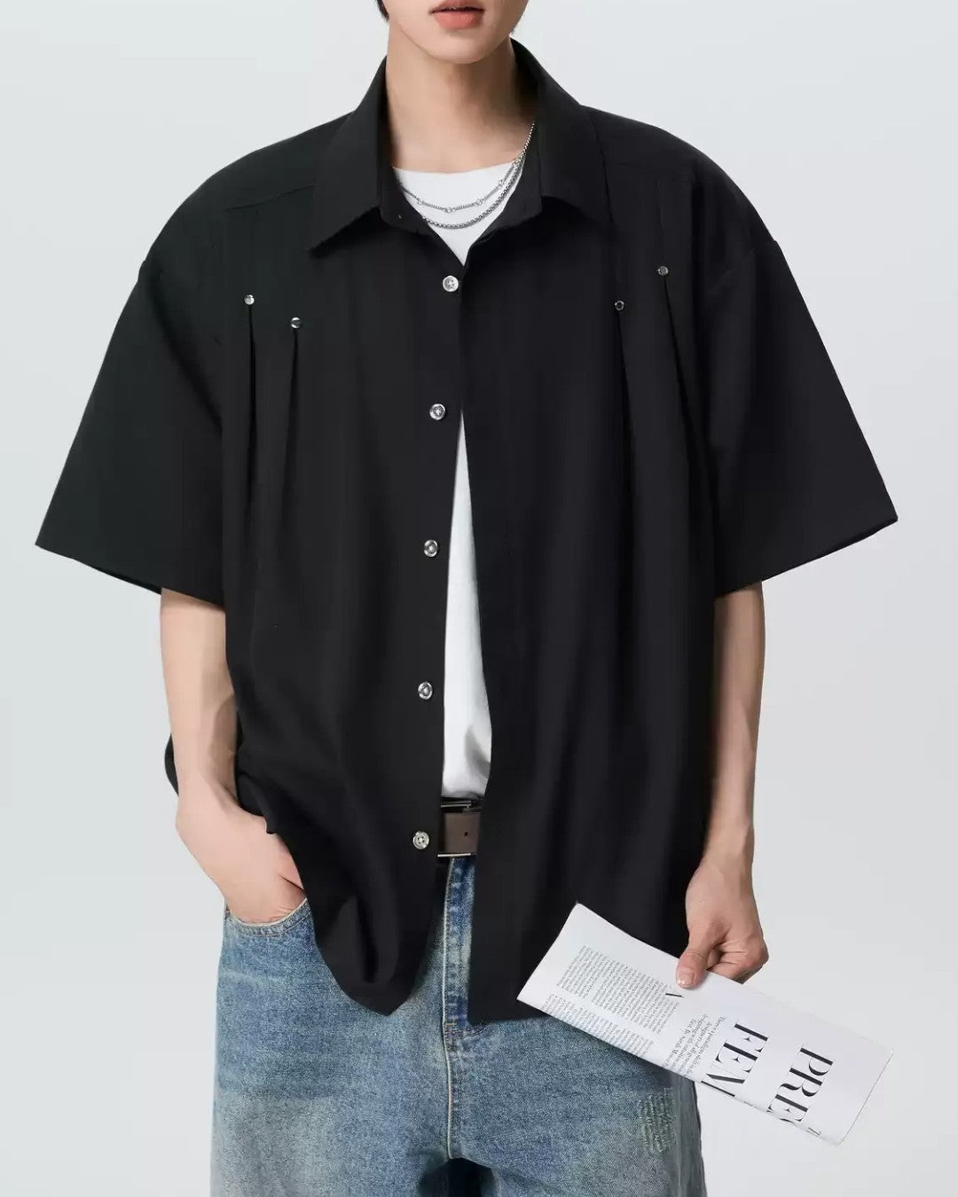 STUDDED RUCHED LOOSE COLLAR SHORT SLEEVE SHIRT MT555
