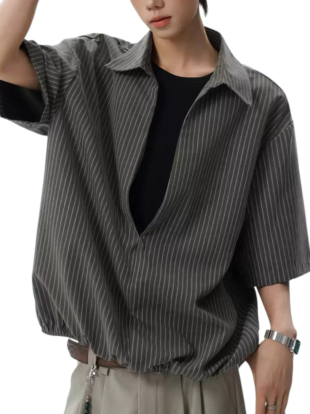 RELAXED HALF-PLACKET SHIRT WITH ELASTIC HEM MT562