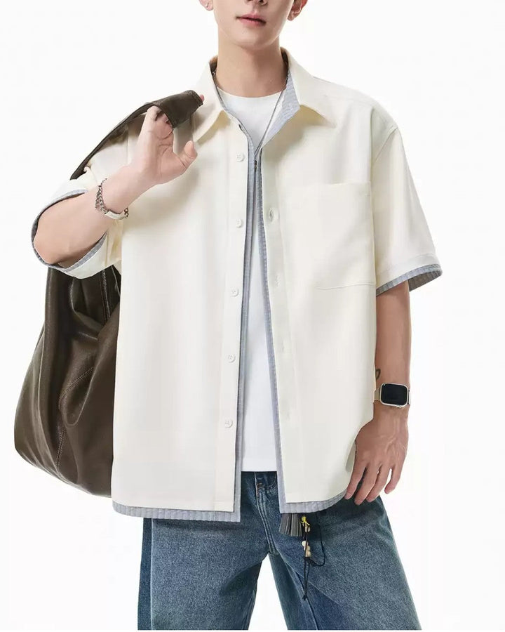 FAKE-LAYER PLAID COLLAR SHORT SLEEVE SHIRT MT568