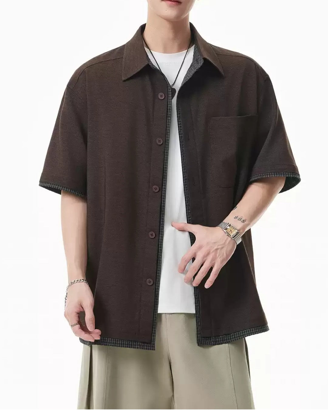 FAKE-LAYER PLAID COLLAR SHORT SLEEVE SHIRT MT568