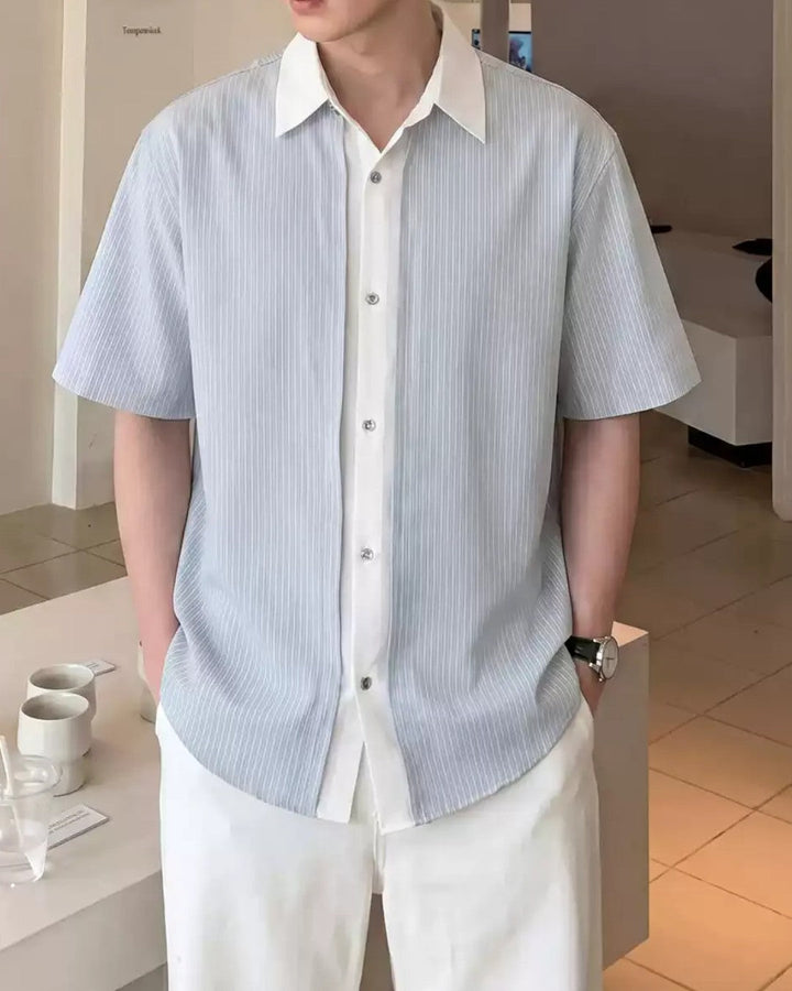 PINSTRIPE FAKE-LAYER PANELLED SHORT SLEEVE SHIRT MT561