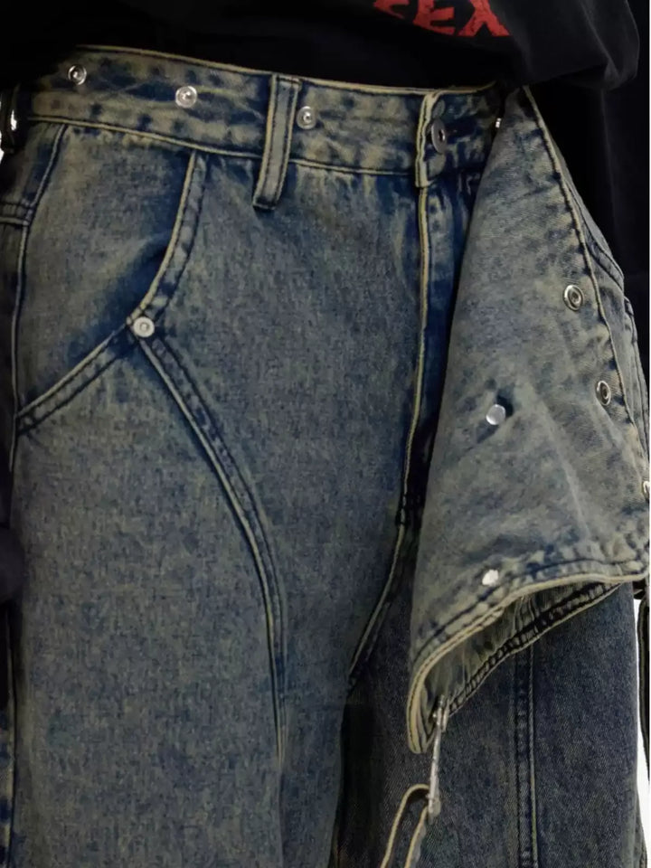 DETACHABLE STRAP VINTAGE WASH MULTI-POCKET CARGO JEANS ST5180