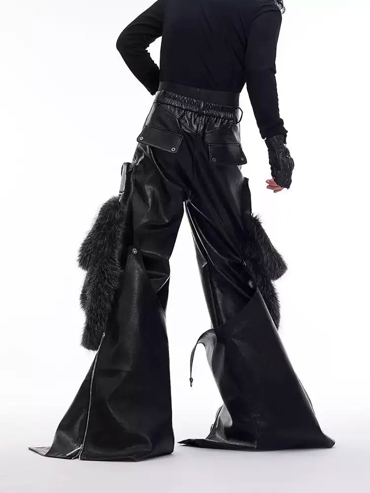 DETACHABLE PANELLED FAUX FUR PU WIDE-LEG PANTS ST5161