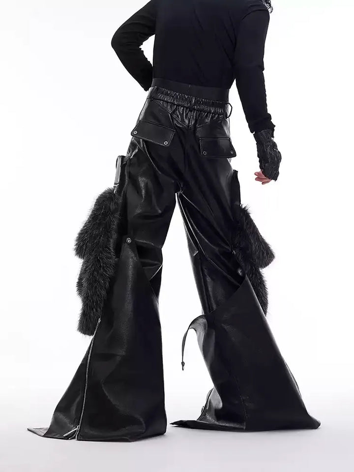 DETACHABLE PANELLED FAUX FUR PU WIDE-LEG PANTS ST5161