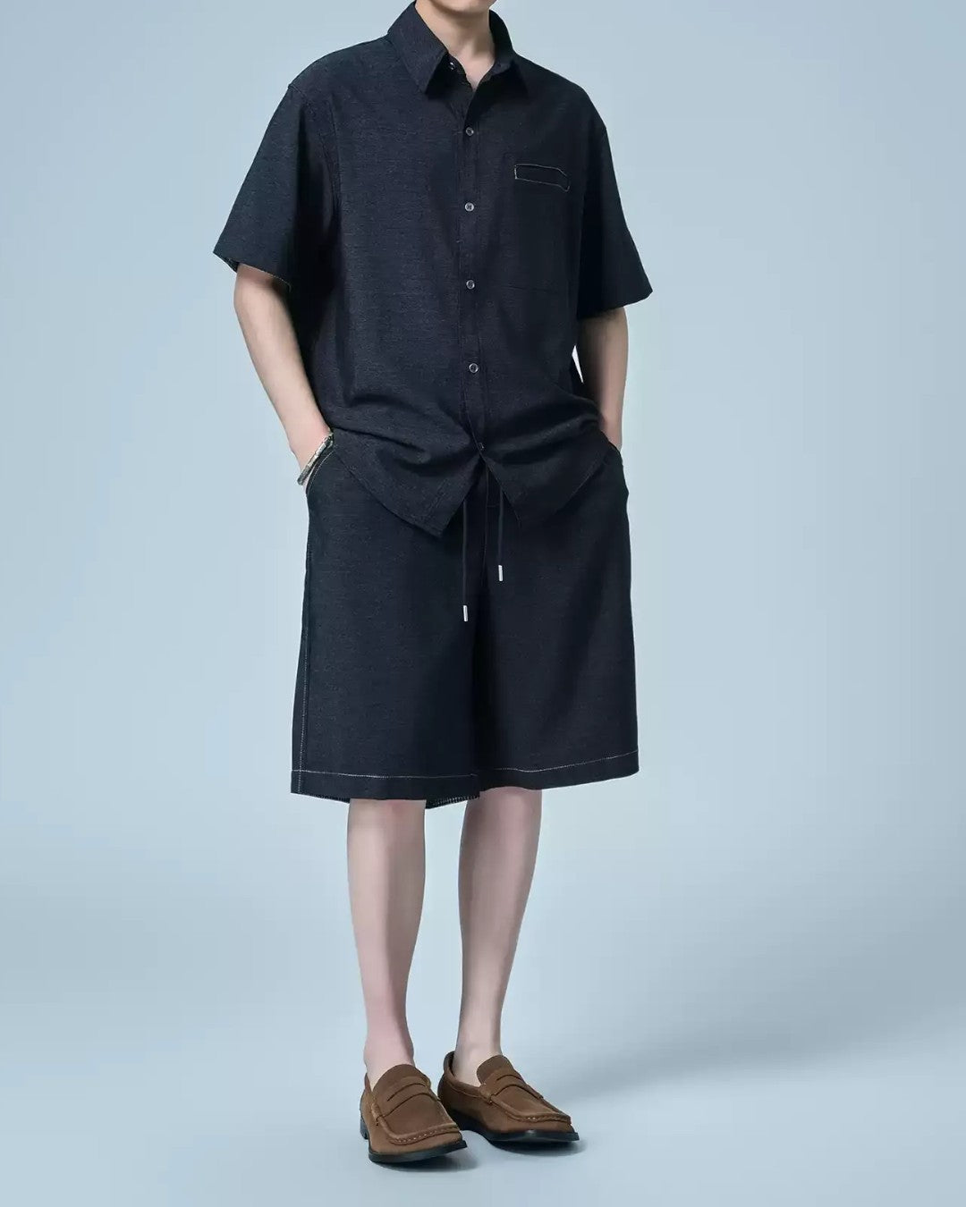 LIGHTWEIGHT COLLAR SHIRT AND SOFT DENIM SHORTS SET MT569