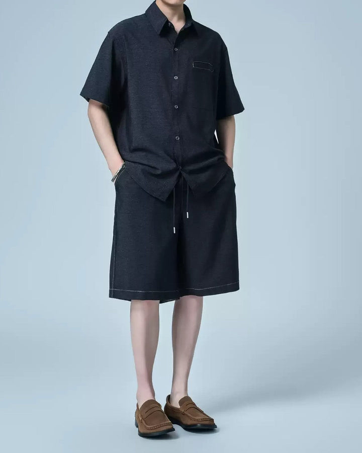 LIGHTWEIGHT COLLAR SHIRT AND SOFT DENIM SHORTS SET MT569