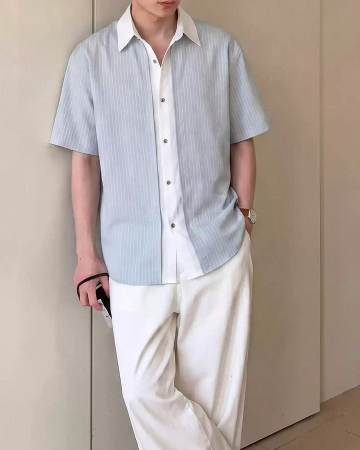 PINSTRIPE FAKE-LAYER PANELLED SHORT SLEEVE SHIRT MT561