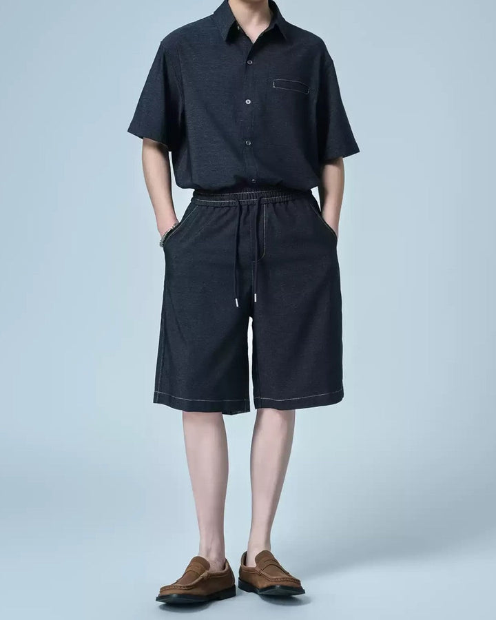 LIGHTWEIGHT COLLAR SHIRT AND SOFT DENIM SHORTS SET MT569