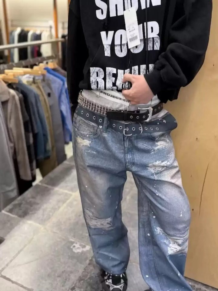3D PRINT DISTRESSED STRAIGHT-LEG JEANS ST5182